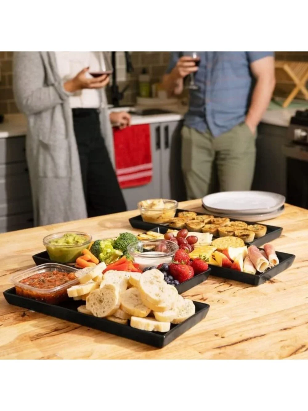 Matte Black Ceramic Serving Platters Set of 4 - Rectangle Plates for